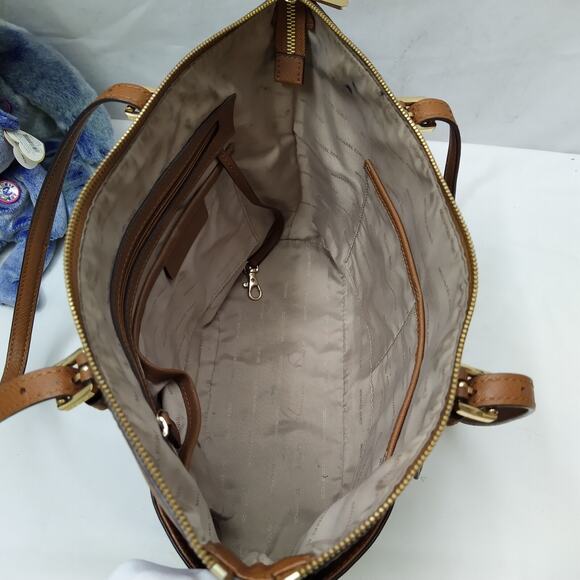 Michael Kors Jet Set Brown Crossgrain Leather Pockets Zipper Tote Shoulder Bag - Picture 9 of 16